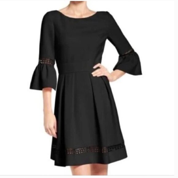 Eliza J Black Fit & Flare Bell Sleeve Eyelet Detail Lace Stretchy Mini Dress 2P - Picture 1 of 9